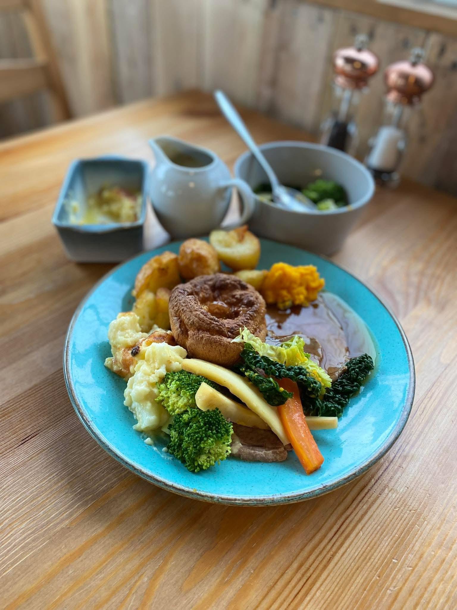 Hilltop's homemade Sunday roast with Yorkshire pudding, roast potatoes and vegetables